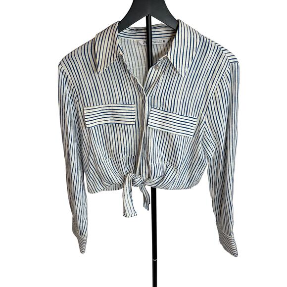 Zara women’s crop blue white striped tie front button shirt. Linen blend. Size M - Picture 1 of 6